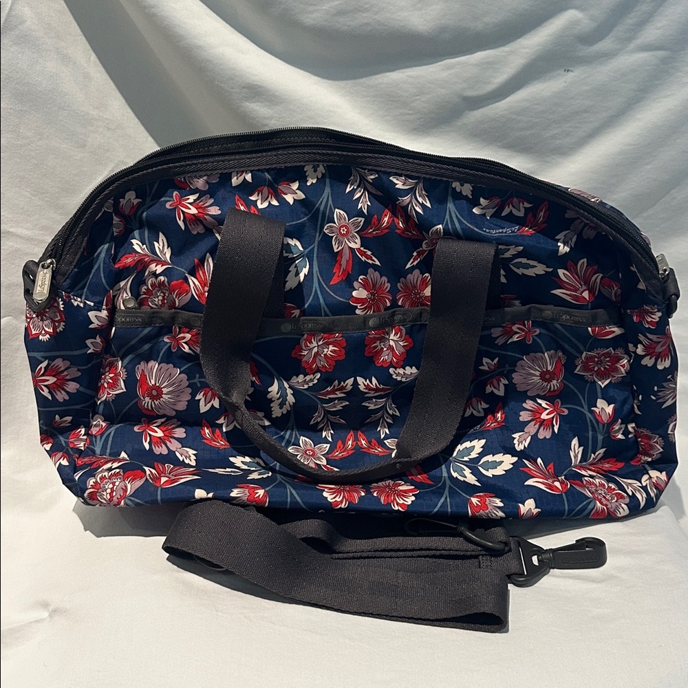 Navy Floral Tote/Travel Bag with Red & White Accents